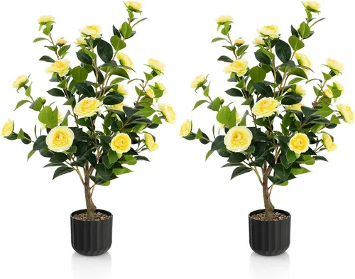 Vista 15 de Árbol de camelia artificial de 36 pulgadas con flores falsas Naranja