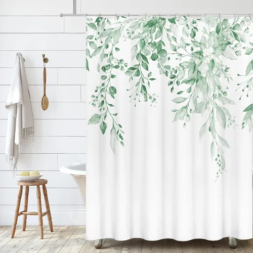 Vista 111 de Tititex - Juego de cortinas de ducha de eucalipto negro, hojas de acuarela gris en la parte superior, con decoración floral de baño, 60 x 72