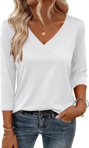 Vista 23 de Zeagoo Camisetas de manga 3/4 para mujer, cuello en V, blusa casual elegante, camisetas básicas 2026, ropa de moda S-2XL