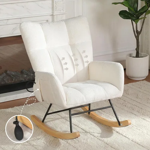 Vista 15 de Mecedora de cuarto de bebé con asiento deslizante tapizado en estilo oso de peluche, con respaldo alto, sillón acento con cómodo bolsillo lateral