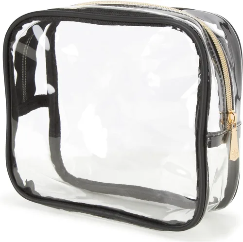 Vista 5 de NINE WEST Bolsa de maquillaje negra Organizador de cosméticos Esenciales de viaje Gancho colgante Patrón de celosía de cuero sintético ribete dorado