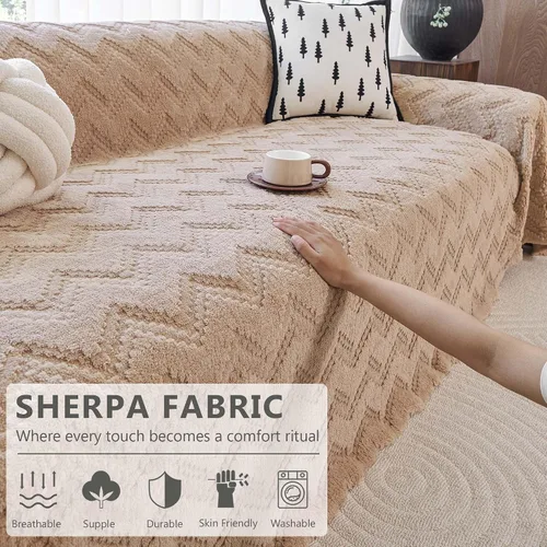 Vista 2 de Funda de sofá de forro polar Sherpa para sofá de 3 cojines, marrón, 71" x 150" - Fundas de sofá a prueba de mascotas de servicio pesado resistentes
