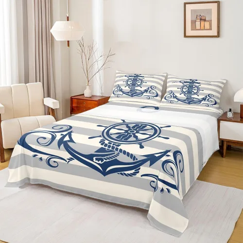 Vista 11 de Erosebridal Juego de sábanas de ancla náutica, sábanas de brújula oceánica, tamaño individual para niños, adolescentes, adultos, decoración