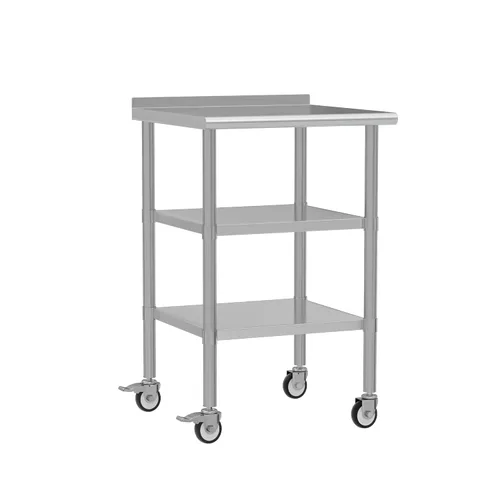 Vista 13 de Mesa de trabajo de acero inoxidable con ruedas, 24x24 pulgadas, mesa de preparación de alimentos NSF con salpicadero y estante inferior ajustable