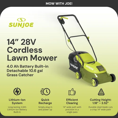 Vista 6 de Sun Joe Cortacésped inalámbrico con empuje eléctrico con bolsa de 10.6 galones, ancho de corte de 14 pulgadas, verde - Cortadora de césped