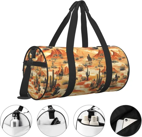 Vista 3 de Large Duffle Bag for Travel - Retro Western Cowboy (A) Print Gym Bag for Women Men, Travel Foldable Bags for Women Men with Zippered Multiple Pockets
