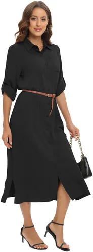 Vista 3 de Vestido elegante casual con botones y manga enrollada, maxi vestido largo con abertura y cinturón para mujer