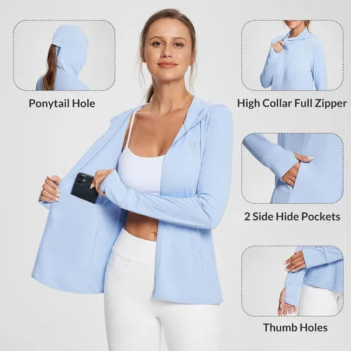 Vista 4 de BALEAF Chaqueta UPF 50+ para mujer, ligera, con capucha, manga larga, para correr, senderismo, ropa al aire libre