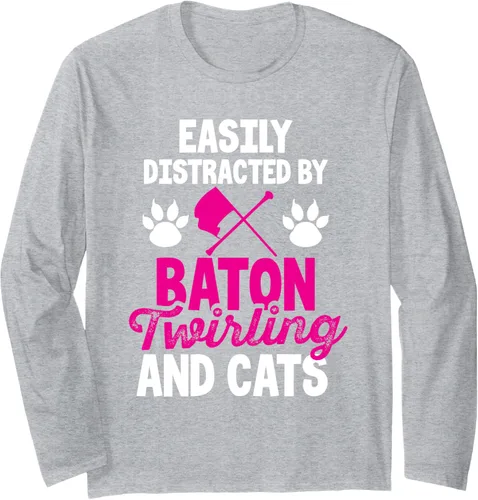 Vista 3 de Camiseta de manga larga con texto "easy Distracted By Baton Twirling and Cats Majorette Twirling", Negro