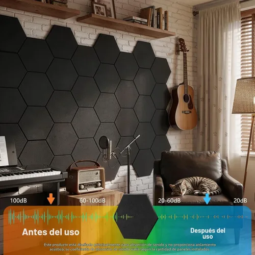 Vista 3 de Paquete de 12 paneles acústicos hexagonales, paneles autoadhesivos para amortiguar el sonido, paneles de espuma a prueba de sonido para paredes Negro