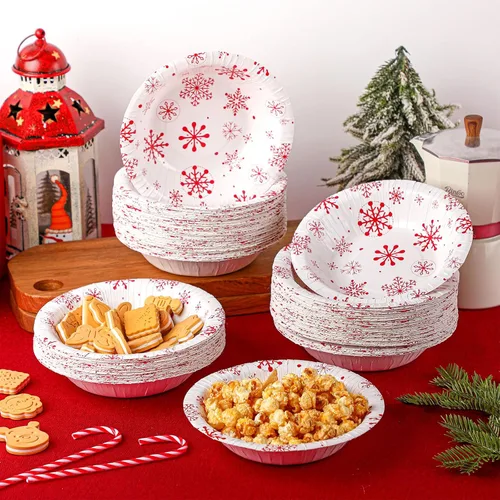 Vista 2 de Sliner 100 cuencos de papel de Navidad, cuencos desechables de Navidad, cuencos para servir ensaladas temáticas de invierno, cuencos de postre