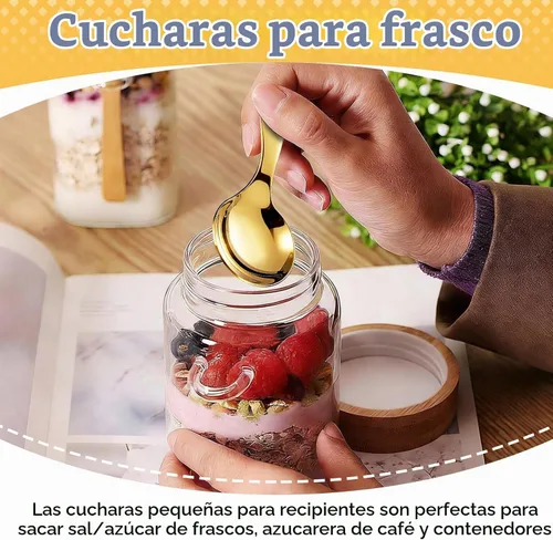 Vista 2 de 5 mini cucharas de helado para recipientes, mini cucharas doradas para servir dulces, acero inoxidable, mango corto, condimentos de sal, cucharas