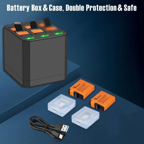 Vista 6 de Vemico Hero 7 Kit de cargador de batería con 1500 mAh 2 paquetes Hero 5 Baterías USB-C Cargador de 3 ranuras para Hero 7 Negro, Hero 6 Negro, Hero 5