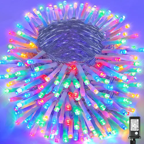 Vista 19 de Guirnalda de luces navideñas con 100 LEDs, tira de 33 pies, 8 modos, conectable, impermeable, parpadeante, con temporizador y memoria, para Azul