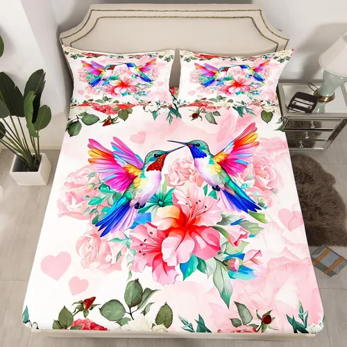 Vista 4 de Juego de sábanas coloridas y encantadoras de pájaros, tamaño Queen, 4 piezas, acuarela, jardín botánico, flores de ensueño, para adolescentes