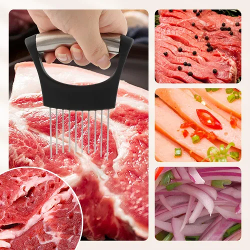 Vista 7 de Cuchillo de corte arrugado, mango de goma, cortador de papas fritas de acero inoxidable con soporte para cebolla, cuchillo para cortar ensalada