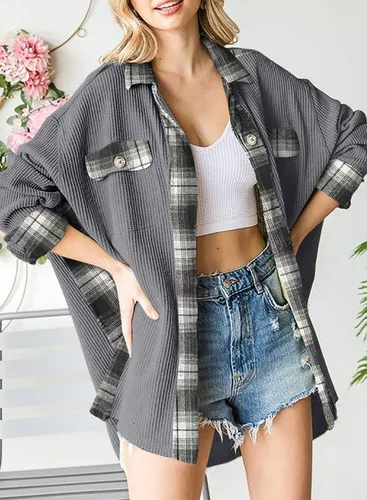 Vista 3 de SHEWIN Chaqueta de punto gofre para mujer, diseño a cuadros, con botones, holgada, de manga larga