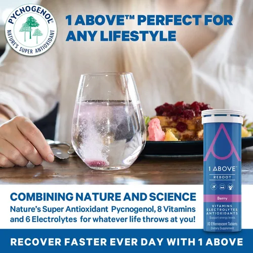Vista 9 de 1Above Jet Lag Relief Tablets - Multivitamínico efervescente con sabor a bayas con Pycnogenol Suplemento de viaje para hidratación, energía, apoyo