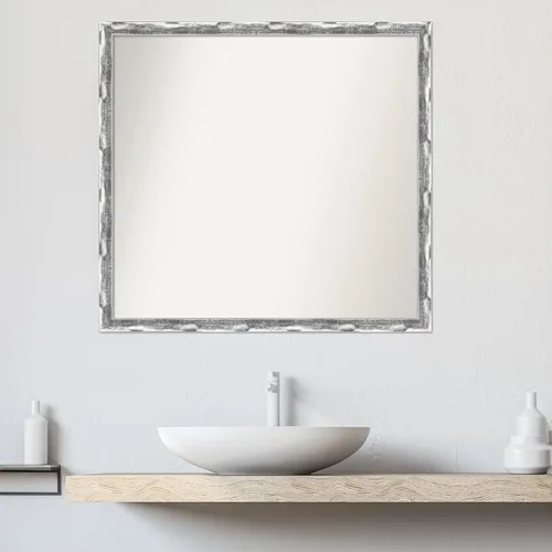 Vista 5 de Amanti Art Silver Bathroom Mirror for Over Sink, 28x30 Custom Made Scratched Wave Chrome Rectangle Vanity Mirror, Large Traditional Wood Frame