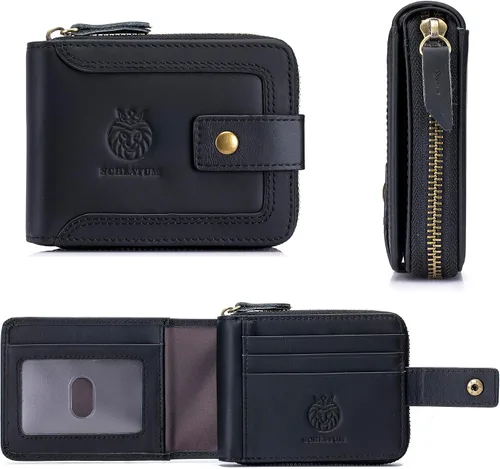 Vista 33 de LUKZIJAES Billetera de cuero genuino para hombre, con bloqueo RFID, delgada, plegable, bolsillo frontal, #3-Café, Vintage