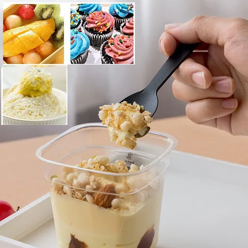 Vista 4 de 100 piezas desechables de plástico Spork de peso medio cubiertos negros tenedores perfectos para la escuela, almuerzo, picnic, restaurantes, fiestas