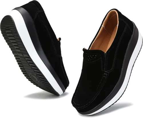 Vista 2 de Ruiatoo Zapatos de plataforma para mujer, cómodos mocasines de gamuza sin cordones, mocasines casuales de cuña
