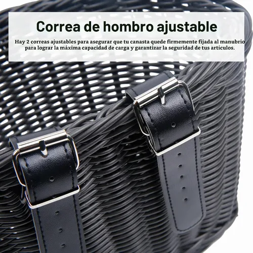 Vista 3 de Cestas de plástico tejidas para bicicletas, cesta delantera en forma de D para bicicleta Contenedor de almacenamiento para manillar con 2 correas