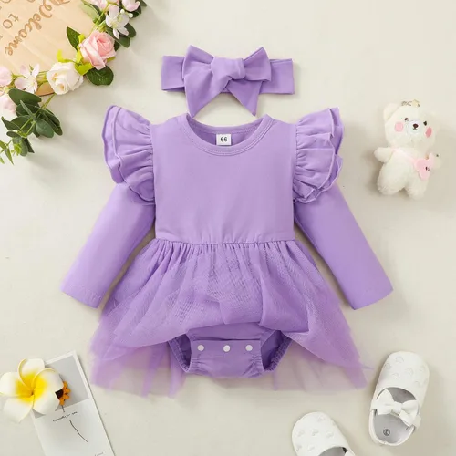Vista 2 de Conjunto de mameluco de manga con volantes para bebé, para recién nacido, falda tutú sólida, conjunto con diadema