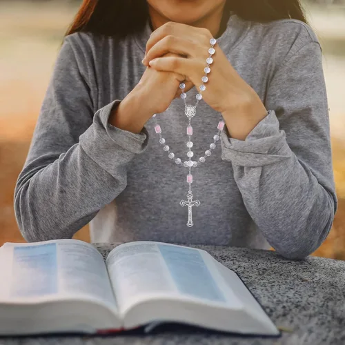 Vista 68 de KOMI Rosario de cuentas católicas para mujer, collar de cuentas de rosario con cruz de crucifijo, perlas de cristal, rosario, rosarios, católicos