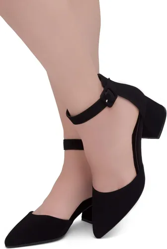 Vista 5 de Shoe Land SL-Kyana - Tacones de punta cerrada para mujer, tacones gruesos de bloque bajo, tacones puntiagudos negros y rojos para mujer, con correa