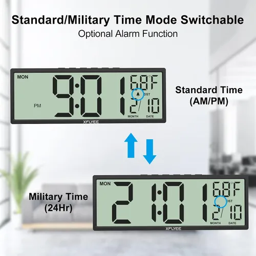 Vista 3 de Reloj de pared digital grande de 14.5 pulgadas, funciona con pilas con números gigantes, DST automático, día, fecha, alarma, temperatura para sala