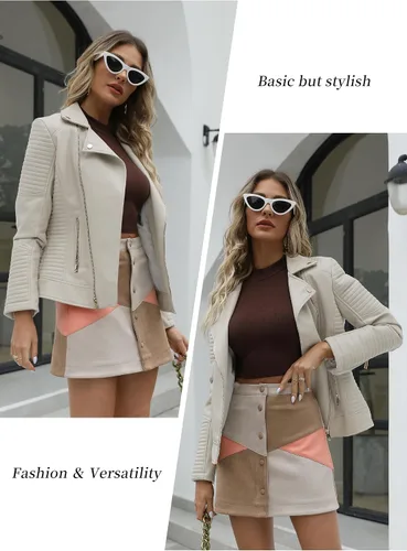 Vista 4 de Giolshon - Chaqueta corta estilo casual de piel sintética para mujer, abrigo para primavera, otoño e invierno