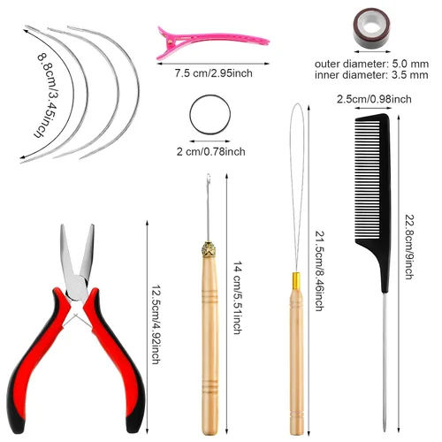 Vista 2 de Chuangdi Kit de herramientas de extensión de cabello: 600 cuentas de micro anillo forradas de silicona, 1 alicates, 1 peine, 2 ganchos, aguja