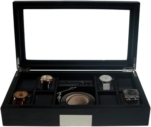 Vista 4 de Decorebay Caja de reloj ejecutivo de madera con valet carteracinturón organizador de caja de gemelos (memoria dulce)