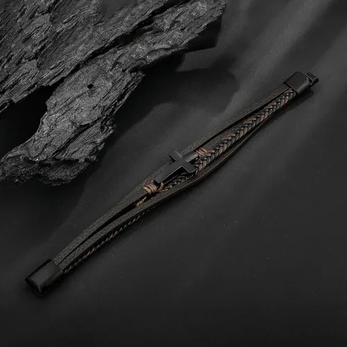 Vista 3 de Pulsera de cuero para hombre con cruz de fe trenzada de múltiples capas, pulsera religiosa para hombres y mujeres