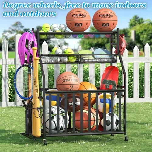 Vista 5 de Jsskeeim - Organizador de equipo deportivo para garaje, organizador de pelotas deportivas con ruedas, bolsillo de malla, canasta, organizador