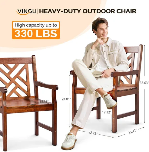 Vista 3 de VINGLI Juego de 2 sillas de comedor al aire libre, sillas de madera resistentes de 330 libras para patio con respaldo cómodo, sillas de comedor