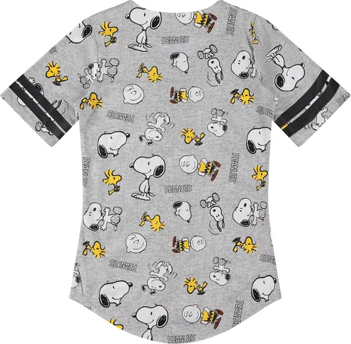 Vista 2 de Peanuts Ladies Snoopy Baseball Jersey Snoopy Charlie Brown, Woodstock, Linus Mesh Button Down Baseball Jersey