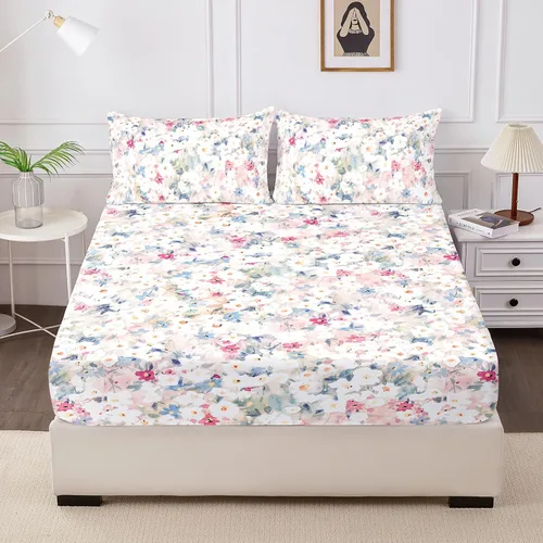 Vista 10 de Sábana bajera ajustable floral con fundas de almohada, 100% microfibra cepillada, sábana bajera ajustable con bolsillo profundo, ultrasuave
