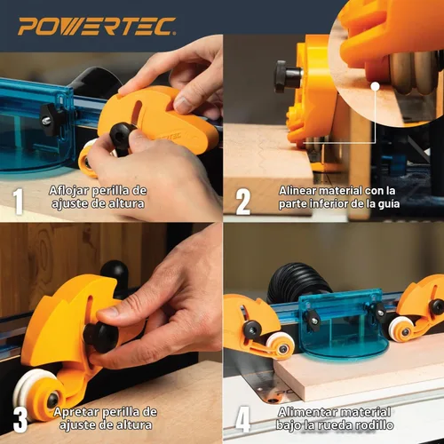 Vista 4 de POWERTEC Guía de Material con Rodillos Ajustable, Herramienta Alimentadora de Material con Rodamiento Unidireccional – Reduce el Retroceso y Aumenta