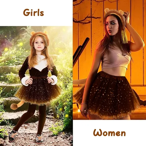 Vista 4 de Conjunto de disfraz de león de 3 piezas, diadema con orejas de león con cola y tutú para mujer, accesorios de fiesta de cosplay de Halloween