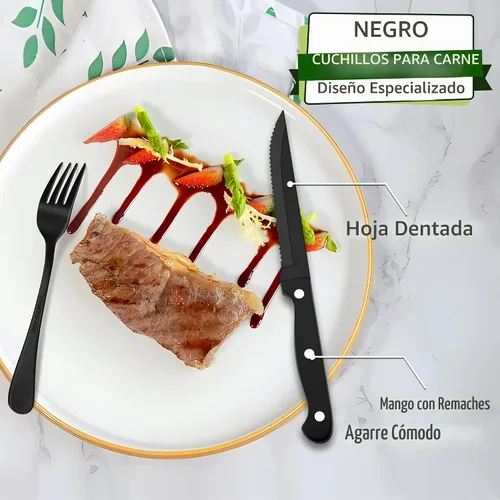 Vista 4 de HaWare Juego de cubiertos negros de 24 piezas con cuchillos para carne, juego de cubiertos de acero inoxidable, juego de cubiertos de grado