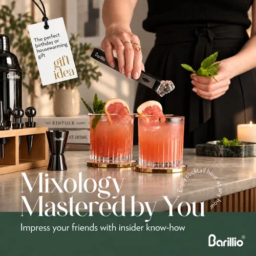 Vista 4 de Barillio Black Bartender Kit – Juego de coctelera de acero inoxidable con soporte de bambú – Herramientas de barra de mixología con coctelera