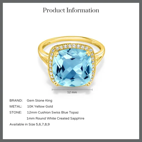 Vista 4 de Gem Stone King Anillo de oro amarillo de 10 quilates con topacio azul suizo y zafiro blanco creado para mujer