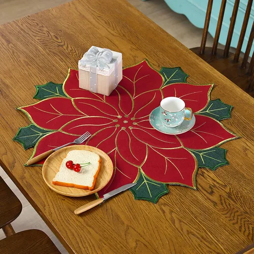 Vista 4 de Juego de manteles individuales de Navidad de 16 pulgadas, manteles individuales de flor de pascua con bordados y hojas verdes, manteles individuales