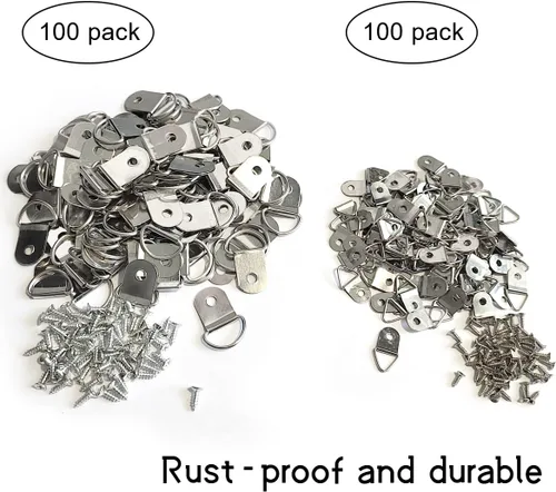 Vista 3 de 200 ganchos de fotos de anillos en D resistentes, anillos en D de doble agujero con tornillos a granel para colgar fotos, pinturas, obras de arte