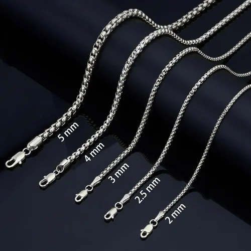 Vista 7 de nometo Cadena Sólida de Plata de Ley 925 Cadena de Caja Cadena de Cuerda Cierre de Langosta Cadena de Plata para Hombres Cadena de Collar de Plata
