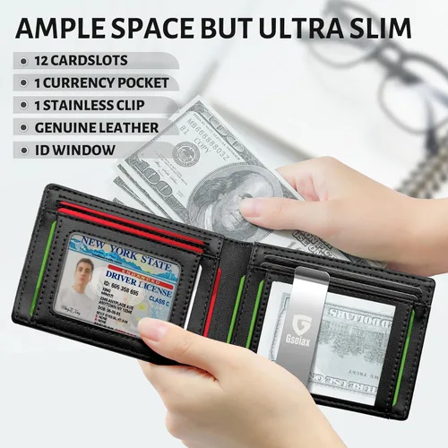 Vista 68 de GSOIAX Cartera delgada de cuero plegable RFID para hombre, billetera minimalista con bolsillo frontal con clip para dinero, 12 ranuras para Negro