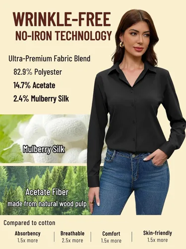 Vista 3 de Camisas sin planchado y sin arrugas para mujer, con botones, de manga larga, de seda de morera, blusas casuales para el trabajo