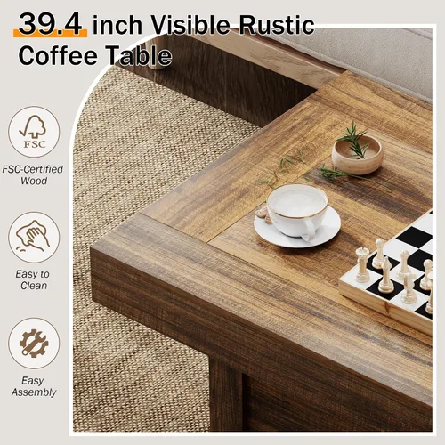 Vista 3 de Mesa de café Lareth 39 pulg. Mesa de centro rústica con pedestal de madera en X para sala de estar, ahorro de espacio, mesa de té de diseño